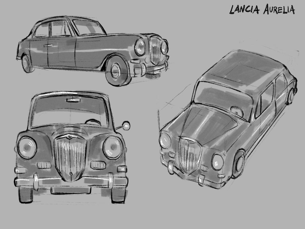 grayscale hand-drawn illustration study of the Lancia Aurelia car from three different angles