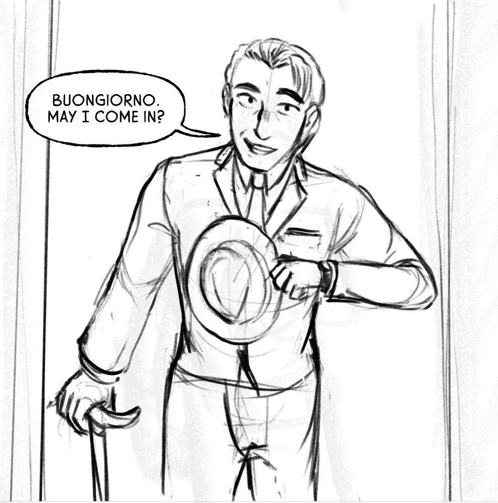 sketched comic panel of a man in a suit saying "buongiorno. may I come in?" in a speech bubble