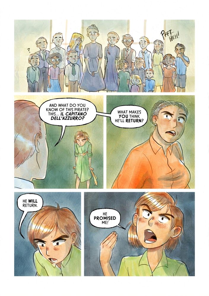 a comic page in a watercolor style. A girl has a conversation with a man while children look onward.