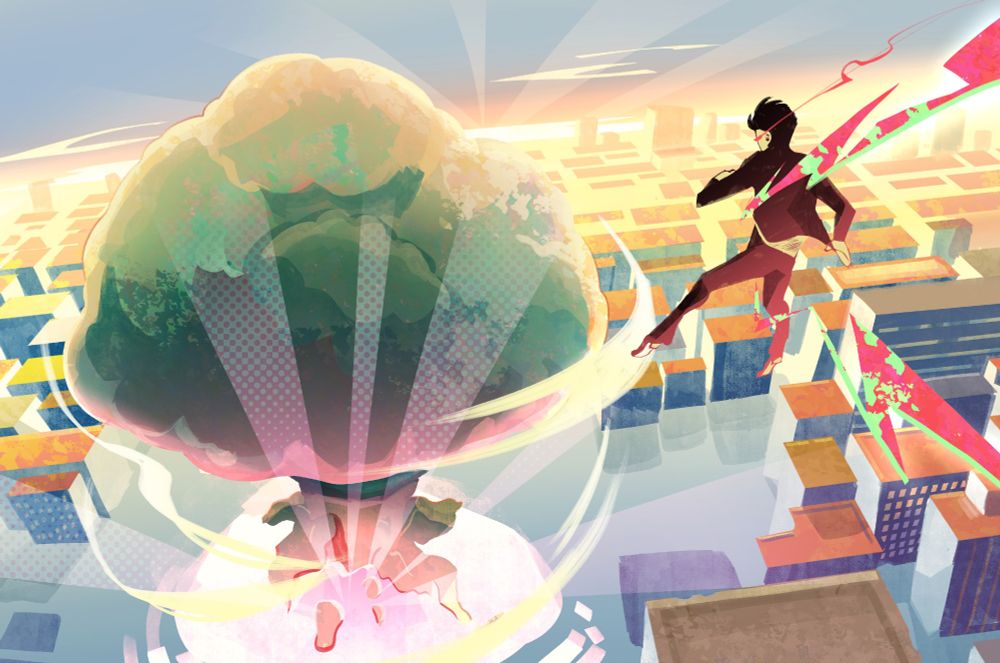 Mob suspended in the air overlooking the Broccoli and city.