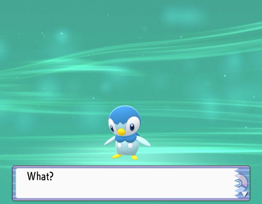 A Piplup beginning to evolve. The textbox reads, “What?”