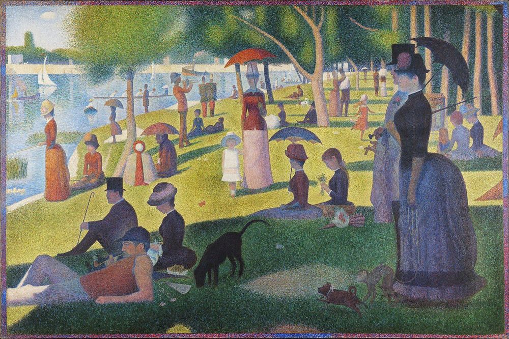 Pointilist oil painting A Sunday Afternoon on the Island of La Grande Jatte by Georges Seurat.