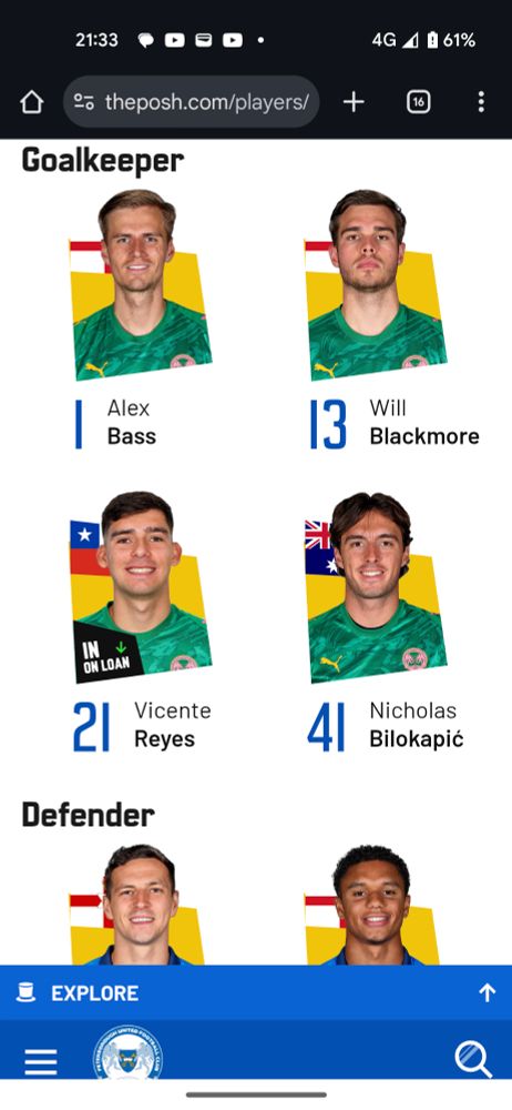 Screengrab of the first few players on the Peterborough United Football Club webpage. These are all goalkeepers: Alex Bass, Will Blackmore, Vicente Reyes and Nicholas Bilokapić. If you have read this far and are still none the wiser: Peterborough United FC's nickname is The Posh. 