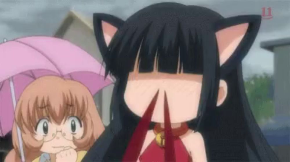 a girl with cat ears is standing next to another girl with glasses holding an umbrella .