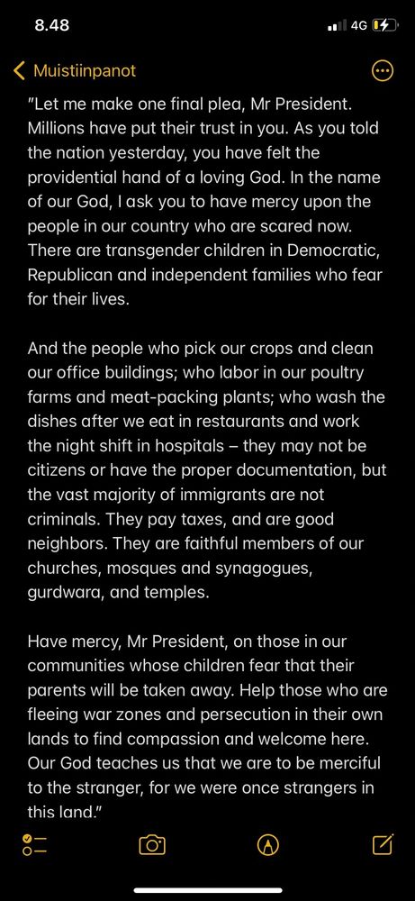 A quotation from a sermon delivered by the bishop of Washington Marian Edgar Budde to Donald Trump
