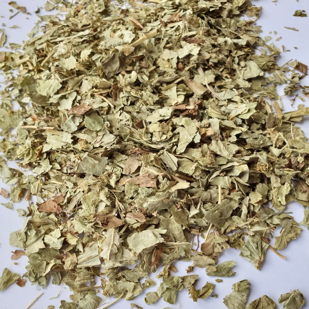 Pictured is dried & coarsely chopped Lady’s Mantle herb. 