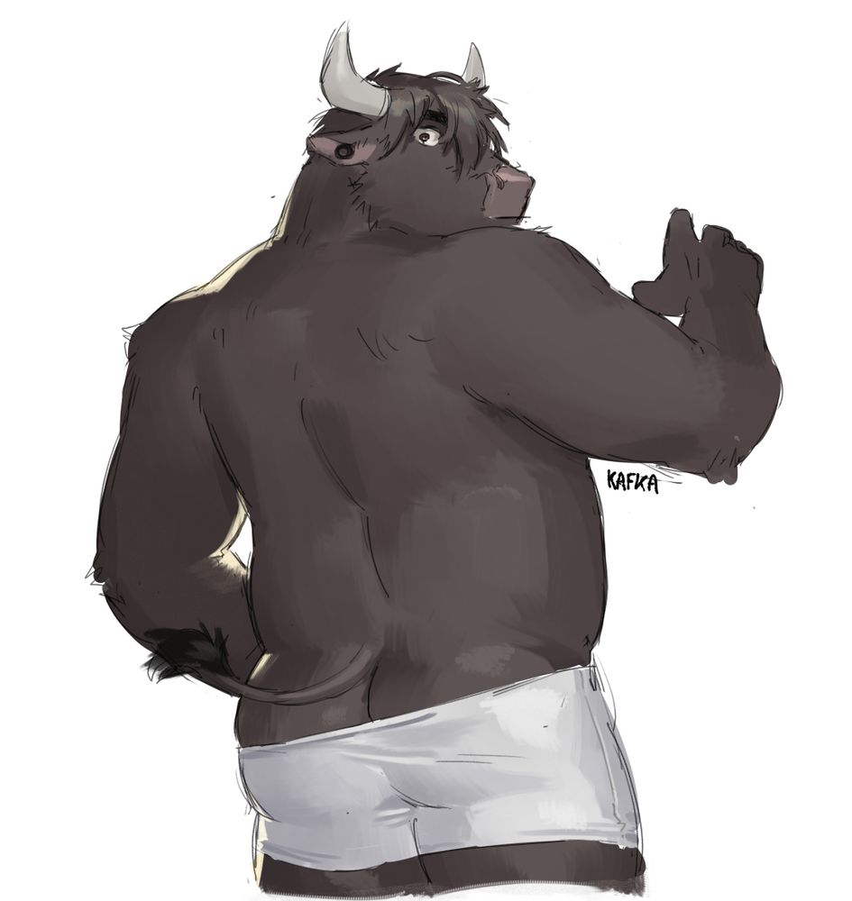 art of Storm (a black-furred minotaur with long messy bangs and an ear gauge) from the VN Minotaur Hotel, wearing only ill-fitting underwear falling from one side and slightly exposing his butt, looking back in surprise