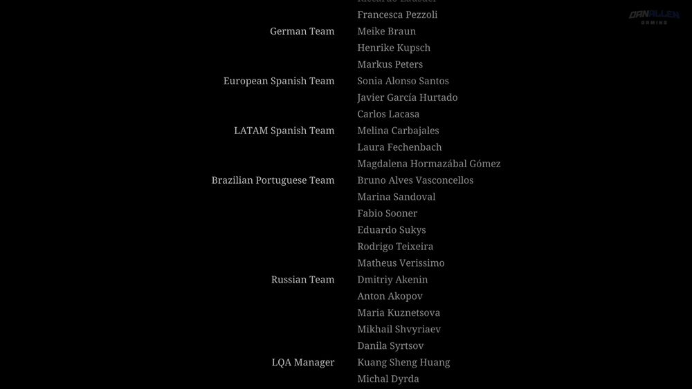 Seção de créditos de Silent Hill 2 Remake, com os nomes de alguns dos times de localização.