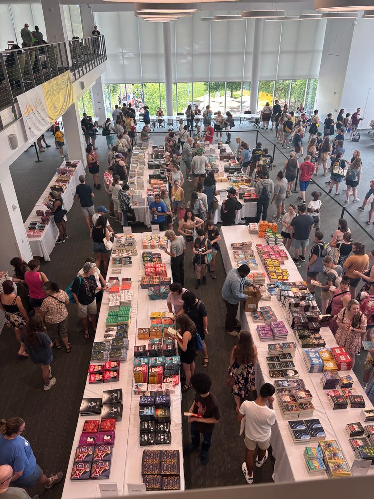 Overhead shot of the bookseller’s area in the Columbus Metropolitan Library diring the Columbus Book Festival