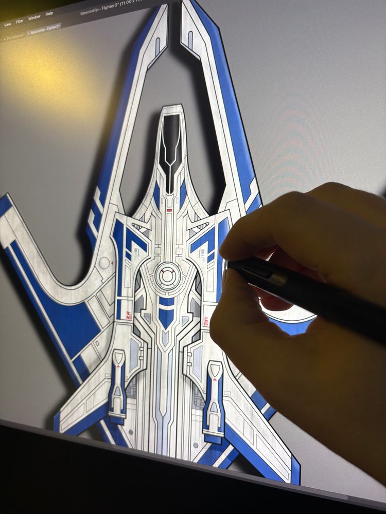 Concept art for a spaceship in the science fiction story I'm working on. It is white with weathered surfaces with larger blue segments. It has swept forward wings and two forward facing wings like prongs.