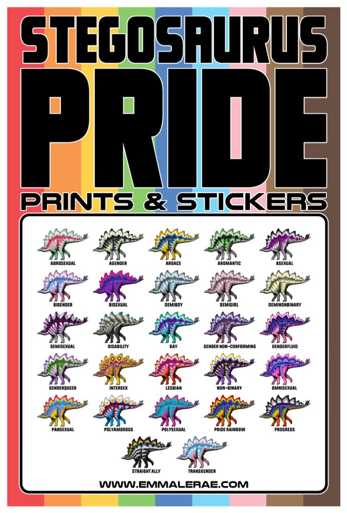 An image displaying an alphabetical list of stegosaurus designs that are different pride flags. In large letters it reads "Stegosaurus Pride Prints & Stickers" and then lists all of the flags under their design. Abrosexual, Agender, Aroace, Asexual, Bigender, Bisexual, Demiboy, Demigirl, Deminonbinary, Demisexual, Disability, Gay, Gender Non-conforming, Genderfluid, Genderqueer, Intersex, Lesbian, Non-binary, Omnisexual, Pansexual, Polyamorous, Polysexual, Pride Rainbow, Progress, Straight Ally, & Transgender.
