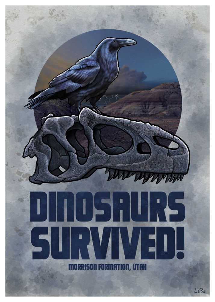 Artwork of a common raven sitting atop the skull of a Allosaurus with the words "Dinosaurs Survived" printed underneath.