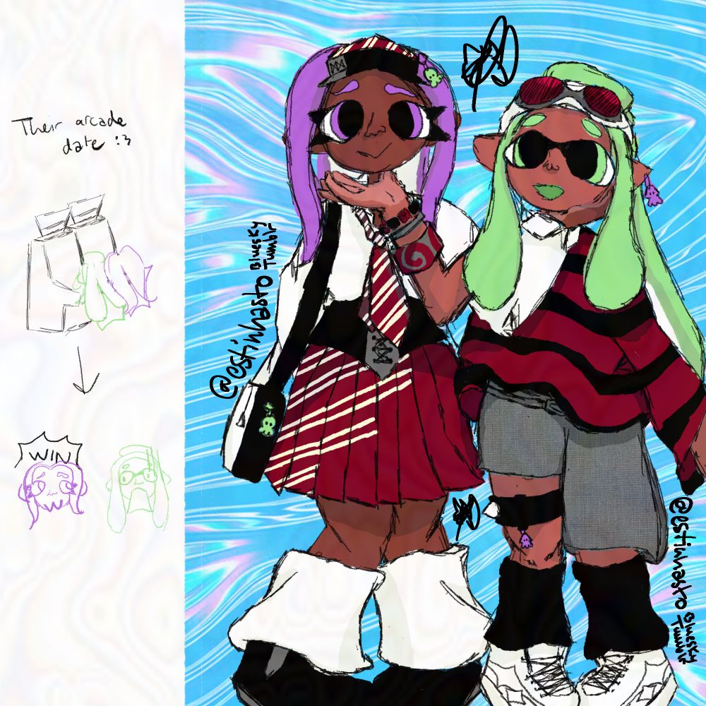 on the left is a small doodle of olive and sydney on their arcade date. it shows them playing in arcade machines. below olive has a text saying "win". olive is smug and sydney surprised. 

on the right is the illustration of olive and sydney posing cutely for a photo.
olive has her hand at sydney's chin and sydney has her hand at olive's chin.

olive is wearing a small black and patterned sun-visor, a black and white bag, a white formal shirt, a patterned tie, a black corset, a half-patterned and half-solid-colored skirt, white leg warmers, and black boots.

sydney is wearing white and gray goggles with red lenses on her head, a black and red striped shirt with only one sleeve, 3 bracelets on her arm, gray jean-shorts with one leg being short and tight and the other one being long and baggy, a cuff around her leg, black leg warmers, and white sneakers.