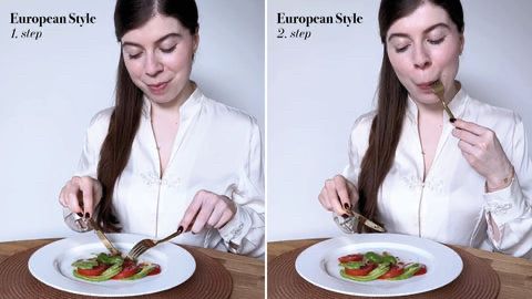 European style dinner etiquette diagram. Step one shows diner using fork in left hand and knife in right hand. Step two shows the diner using the fork in the left hand to place food into mouth with the tines facing down into the mouth 