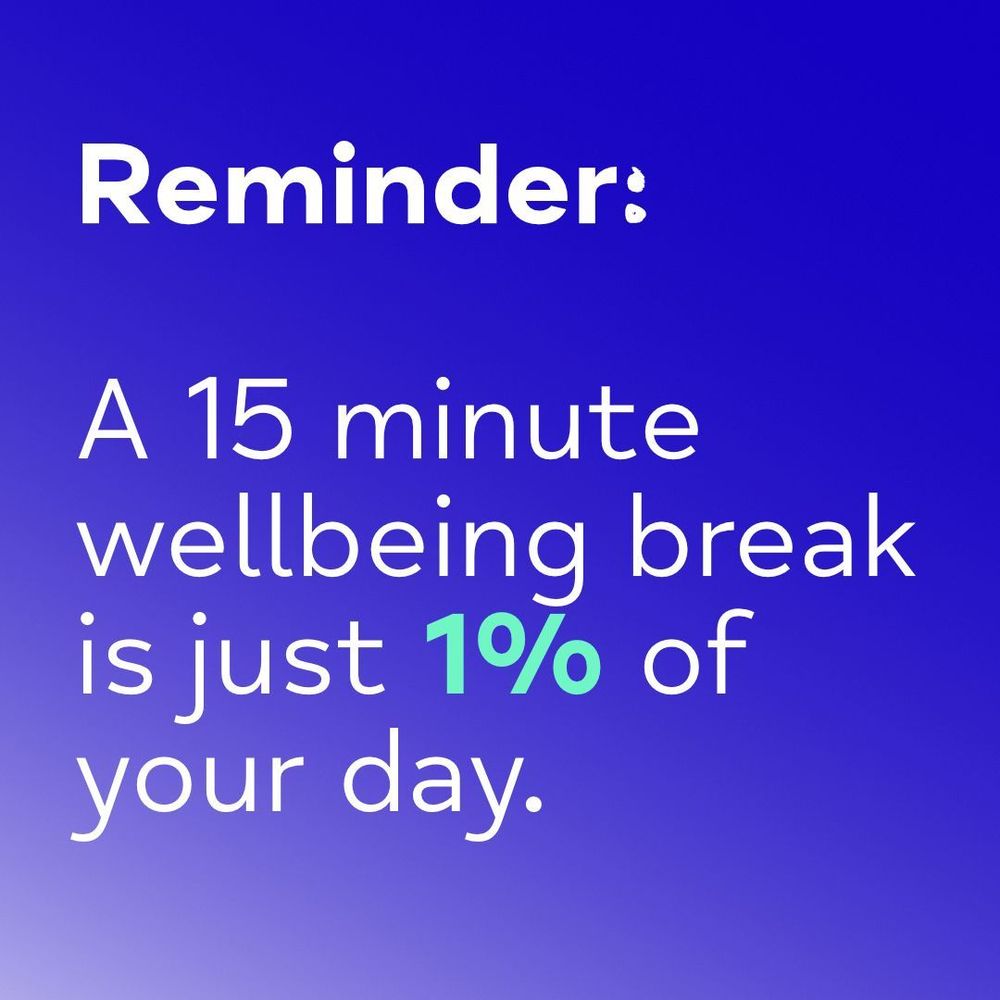 Blue image with the text 'Reminder: A 15 minute wellbeing break is just 1% of your day.'