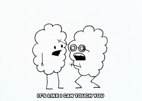 Don Hertzfeldt (sp?) clouds on 3D, one cloud with 3D glasses on touching another cloud all over and saying "it's like I can touch you!" This is a small scene from the Animation Show anthology series, volume one.