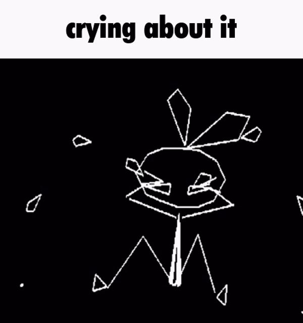 a black and white drawing of a bug with the words `` crying about it '' written above it .