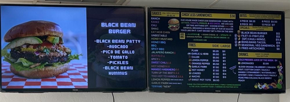 Menu along with picture of the black bean burger 