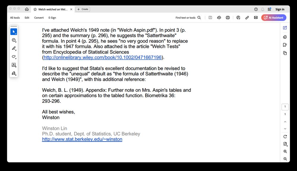 Second half of email, suggesting that the "unequal" option be described as using "the formula of Satterthwaite (1946) and Welch (1949)" (because what many people call the Welch test is what Stata's "unequal" option does, not what their "welch" option does)