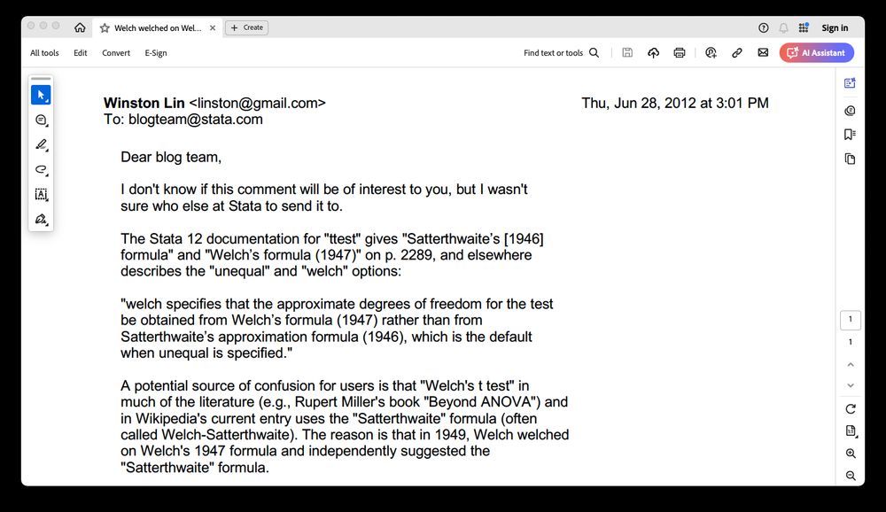 Email to Stata explaining that Welch (1949) "welched" on Welch (1947), but refraining from asking if their co-founder Finis Welch was related to B. L. Welch. :) Continued in next screenshot