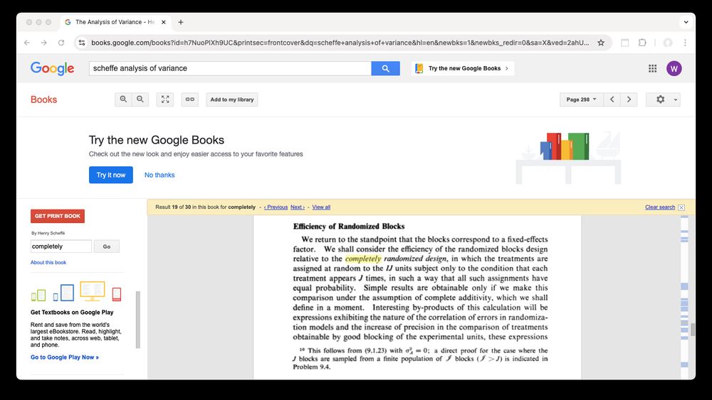 Excerpt from Henry Scheffe's 1959 book "The Analysis of Variance": "We shall consider the efficiency of the randomized blocks design relative to the _completely randomized design_, in which the treatments are assigned at random to the IJ units subject only to the condition that each treatment appears J times, in such a way that all such assignments have equal probability."