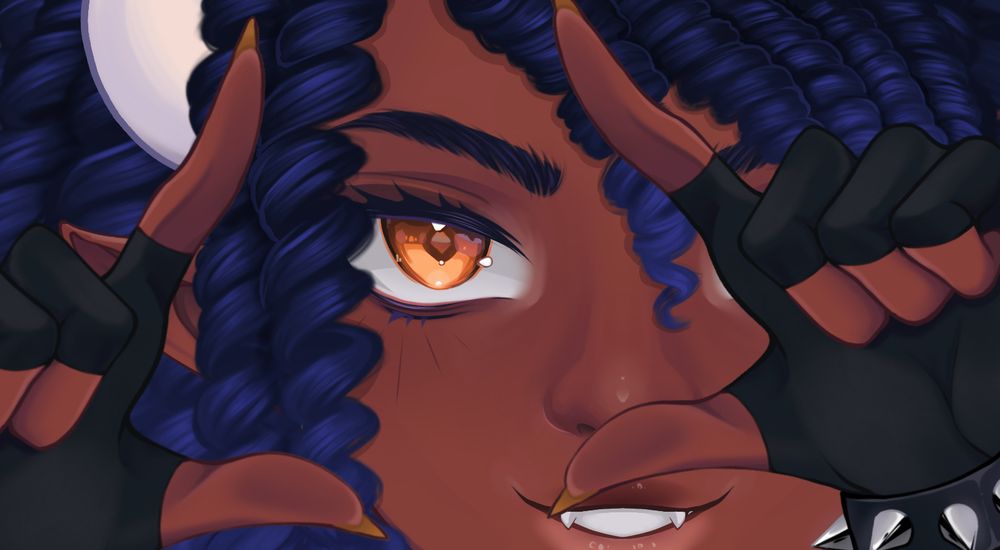 drawing of blue haired dragon girl BlazetteMidnight with her index fingers framing her eye