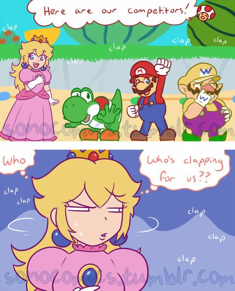 Mario Party Superstars comic
Panel 1: Toad (offscreen) announces happily "Here are our competitors!" Peach, Yoshi, and Mario all pose. Wario picks his nose. There's clapping to be heard.
Panel 2: Peach looks around as the claps continue, her face puzzled. She thinks "Who - Who's clapping for us??"