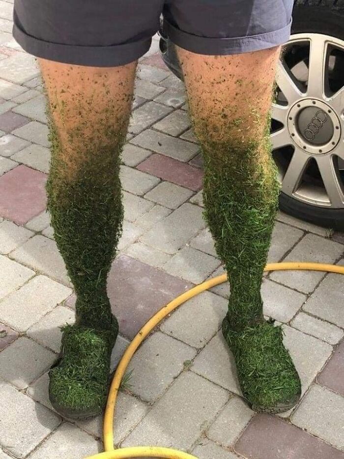 Legs covered with grass 