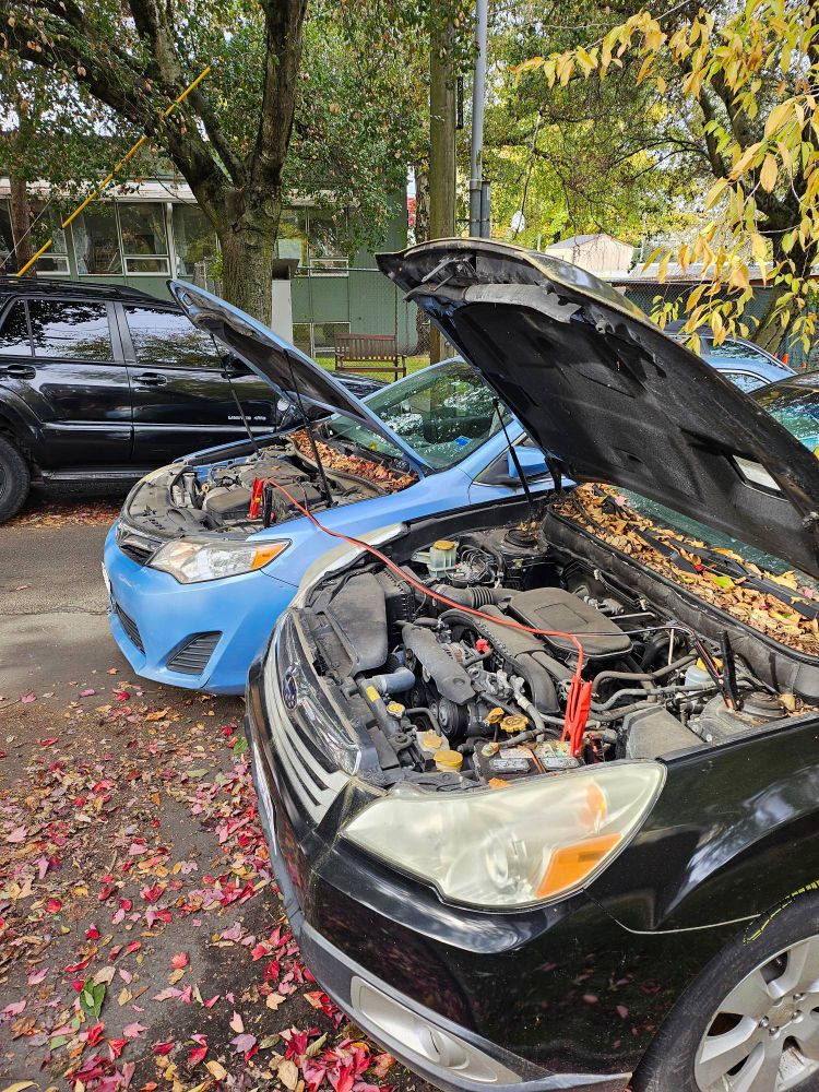 A blue car and a black car with the hoods up and jumper cables