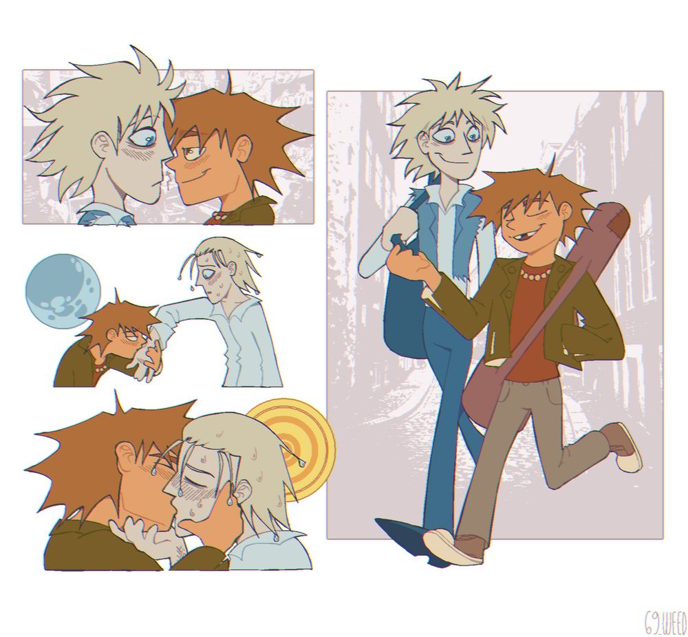 ches and glam being queer again. ches is shown kissing glams scars and then glam himself. ★ art