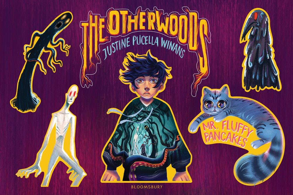 A sticker sheet with various stickers from THE OTHERWOODS by Justine Pucella Winans, including the protagonist, a nonbinary kid with short, dark hair; their gray cat, Mr. Fluffy Pancakes; a crow like monster; a white, elongated monster: a black tentacle monster