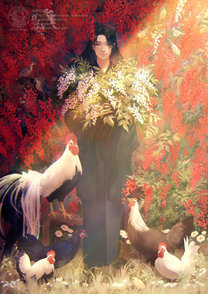 オリジナルキャラクターを描いたイラストです。
山ほど赤い実が生った南天の茂みを背に、白い南天の枝を抱えた男性が立っています。
男性は黒い着物と羽織を着ており、周囲の足元には複数の鶏が歩いています。
鶏は日本鶏を描きました。それぞれの美しさはもちろんですが、特に矮鶏の可愛さに惹かれます…。