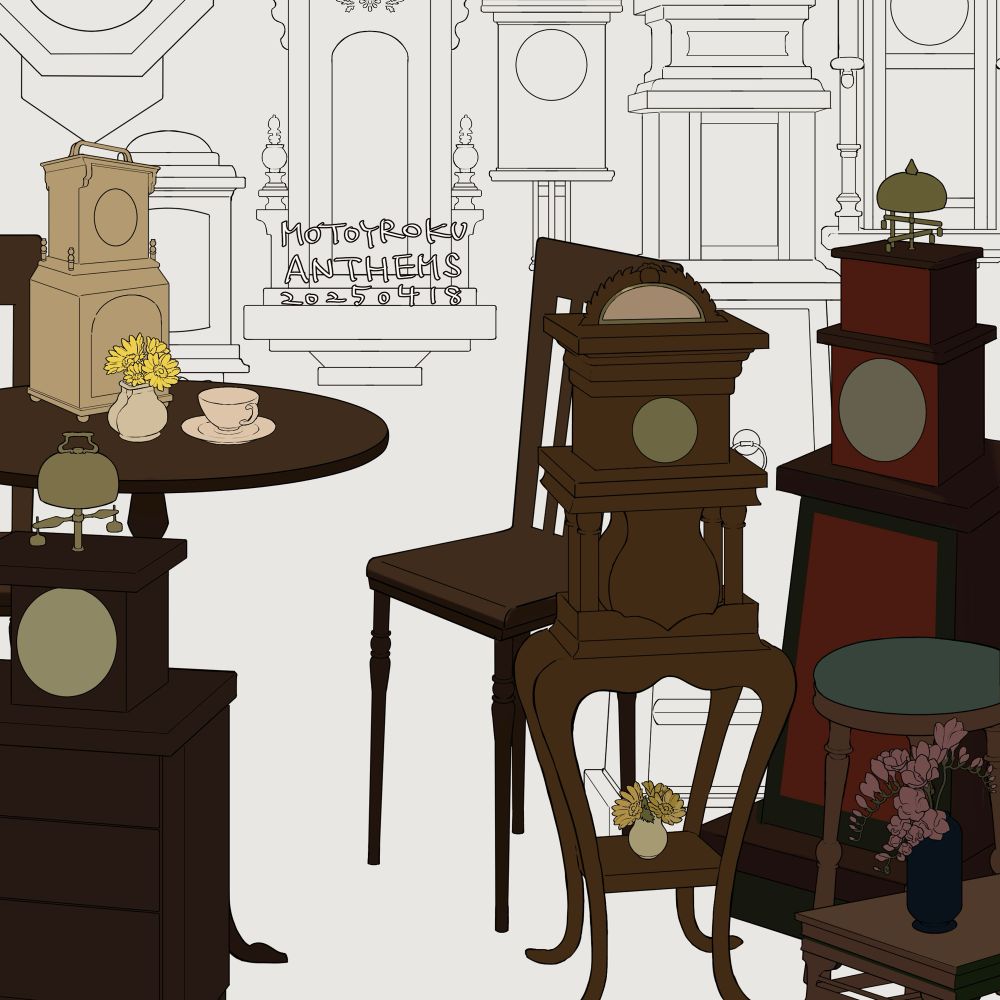 描きかけのイラストの一部。
床と壁にたくさんの時計が配置されている様子を描いています。
人物は映っていませんが、そちらの線画も終わっているので全体の塗りに移ります！