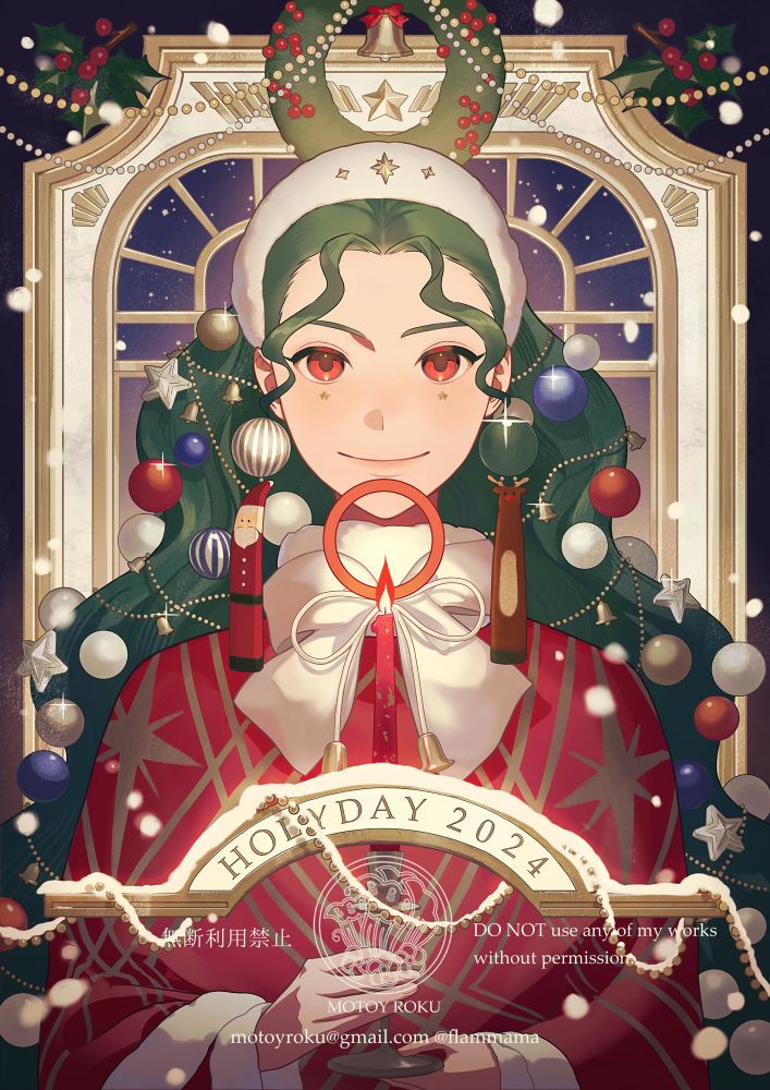 クリスマスをテーマにしたイラスト。
クリスマスツリーのようにオーナメントを髪を飾った女の子が、火のついた赤いキャンドルを持って微笑んでいます。