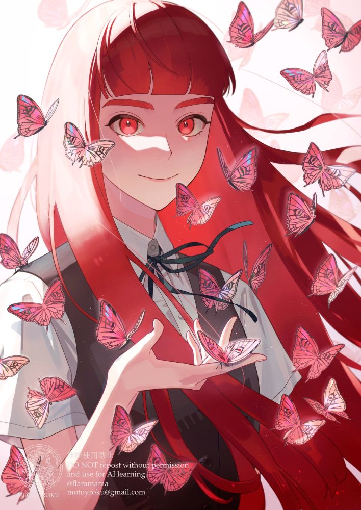 オリジナルキャラクターのアレックスを描いたイラストです。
長い赤髪の少女の周りをたくさんの赤い蝶が飛んでいる場面です。蝶はナミアゲハをベースに描きました。