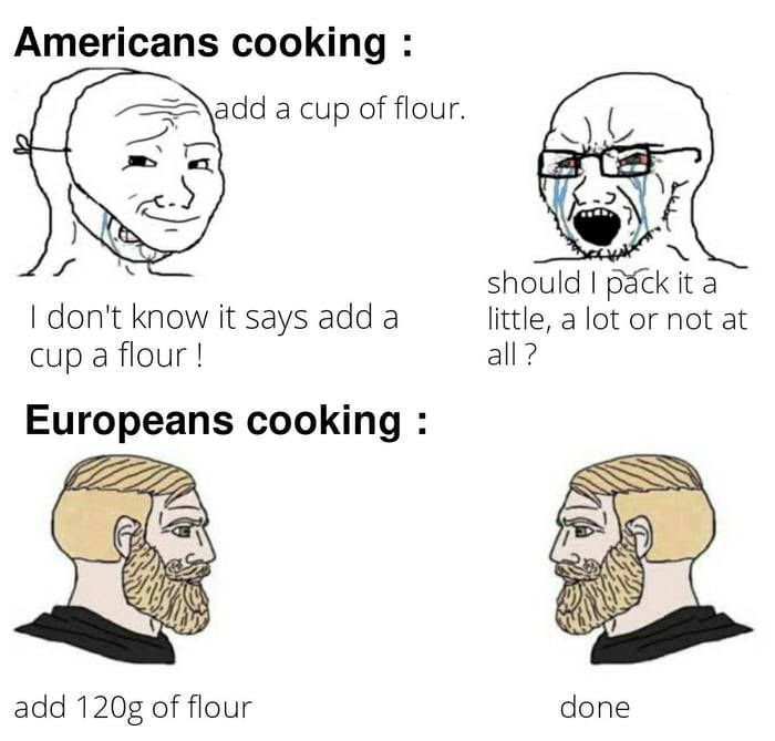 Americans cooking :

add a cup of flour.

I don't know it says add a cup a flour !

should I pack it a little, a lot or not at all ?

Europeans cooking :

add 120g of flour

done.