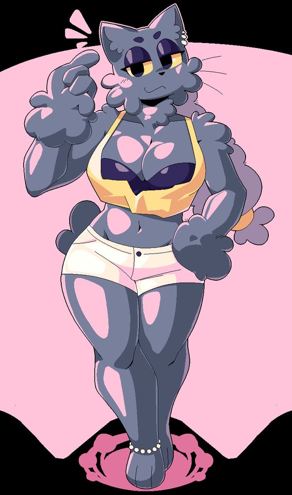 drawing of a fluffy blue-grey anthropomorphic cat making a shaka sign at the viewer. they're wearing a loose low-cut yellow tank top, dark purple bra, and white shorts.