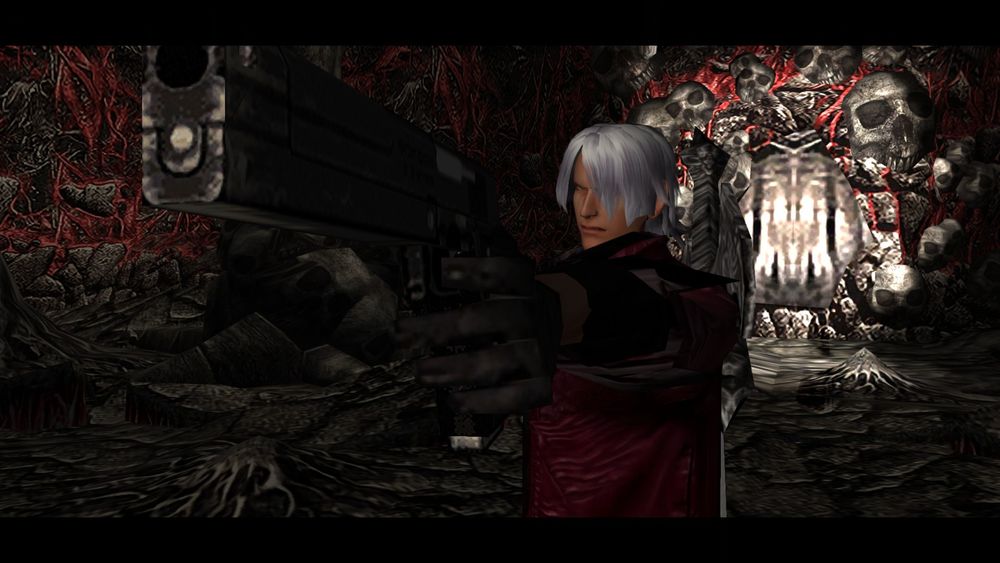 Dante, from Devil May Cry 1, aiming his gun named Ebony. He looks disgruntled and his white hair is covering one of his eyes. He is in a flesh and skull filled room.