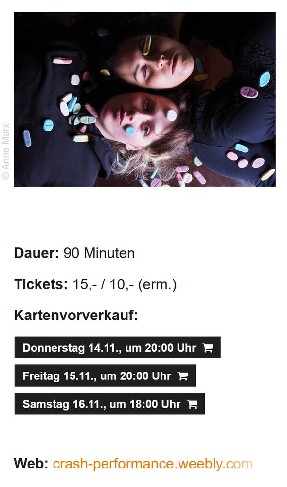 Das Theaterstück soll über die Situation von ME/CFS- und Post-Covid-Betroffenen aufklären und richtet sich daher in erster Linie an Nicht-Betroffene. Sounds und Musik sind Teil des Stücks. Für Menschen mit Reizempfindlichkeit könnte es evtl. nicht geeignet sein.

Der relativ frühe Stückbeginn um 18.00 Uhr  am 16.11. soll es Betroffenen erleichtern sich CRASH anzuschauen. 

Bei Erkältungssymptomen bitte nach Möglichkeit eine Maske tragen, um immungeschwächte Personen und ihre Freund*innen und Angehörige zu schützen. 