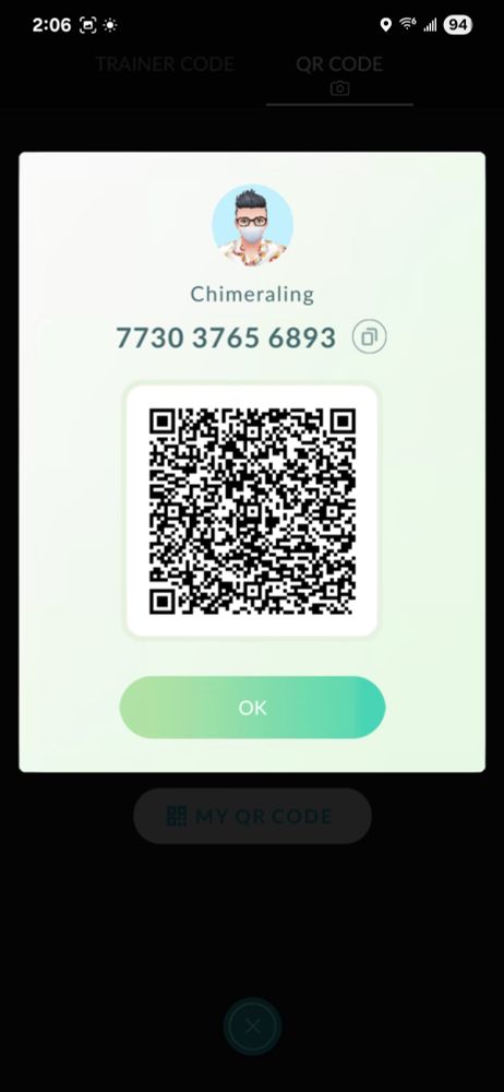 qr code to be scanned with Pokémon go, friend code 773037656893, user Chimeraling