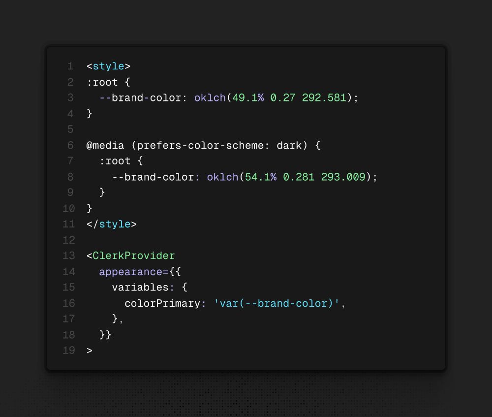 Codeblock showing --brand-color usage being set in CSS style tag, and passing that value into Clerks appearance variable prop.