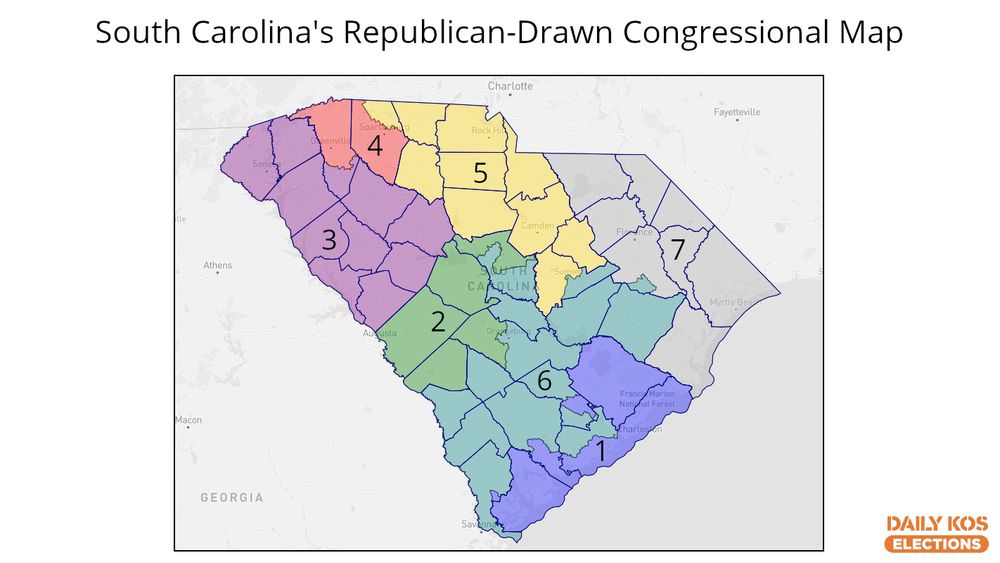 Map of South Carolina's congressional districts, which were enacted by Republicans after the 2020 census.