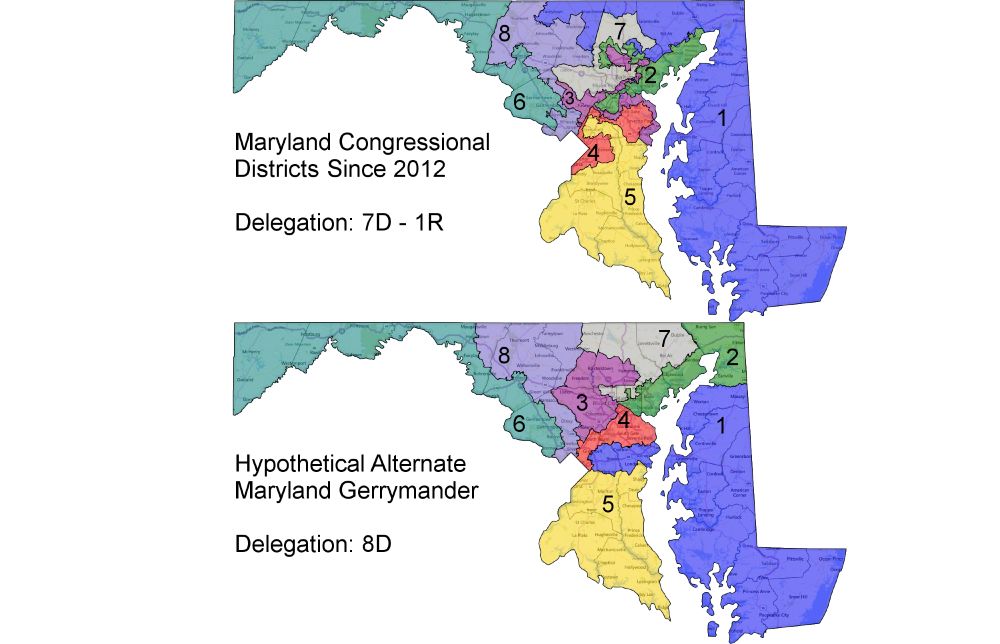 A graphic comparing two Maryland congressional maps: The one that Democrats enacted in 2012 on top and a hypothetical alternative gerrymander on the bottom.

The map on the top was designed to elect a seven-to-one Democratic majority and has severely contorted district lines that became nationally infamous as an example of extreme gerrymandering. The hypothetical map has much neater district shapes but is an even more extreme eight-to-zero gerrymander.