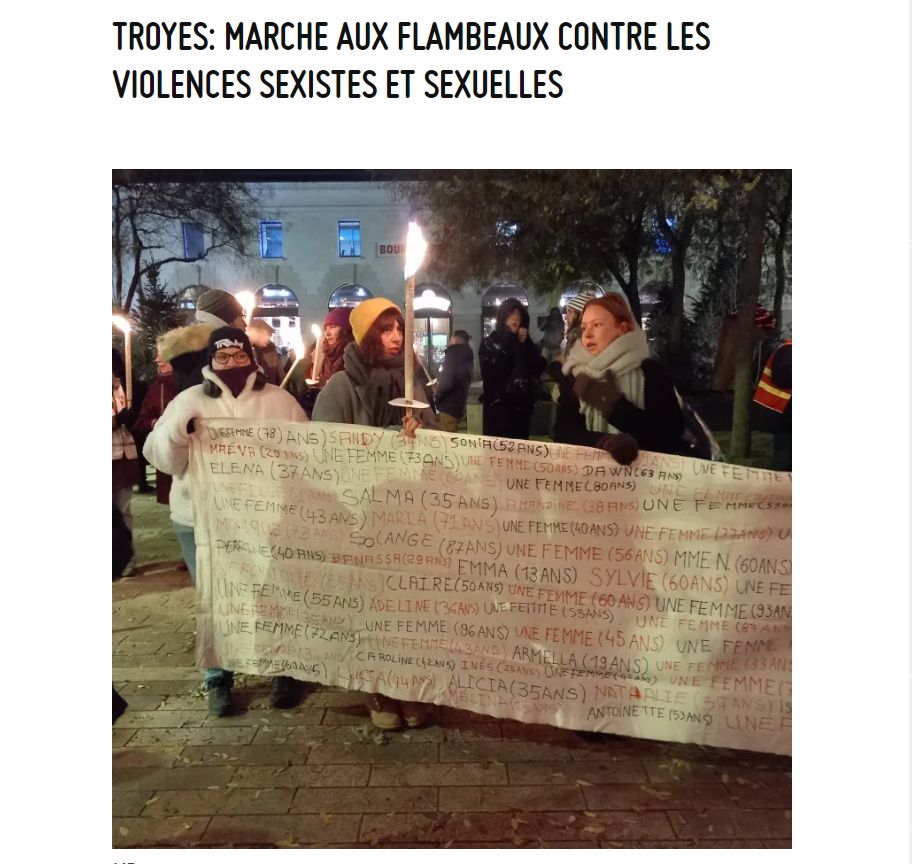Les flambeaux étaient bienvenus pour réchauffer un peu la marche otganisée en ce glacial samedi soir du 22 novembre à l’initiative du Collectif de lutte pour les droits des femmes 10, composé d’organisations locales telles l’association Aux Adelphes, l’Organisation de Solidarité Trans (O.S.T.) de Troyes, les Jeunes Insoumis de Troyes, l’UD CGT de l’Aube, le MRAP de l’Aube et la LDH de l’Aube. Et de la chaleur, il y en avait…

https://site.ldh-france.org/troyes-et-aube/troyes-marche-aux-flambeaux-contre-les-violences-sexistes-et-sexuelles/
