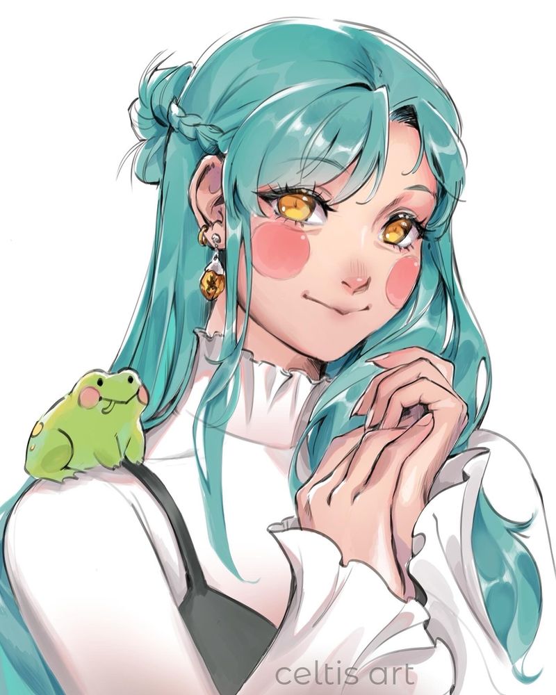 blue haired frog witch with her frog familiar on shoulder 