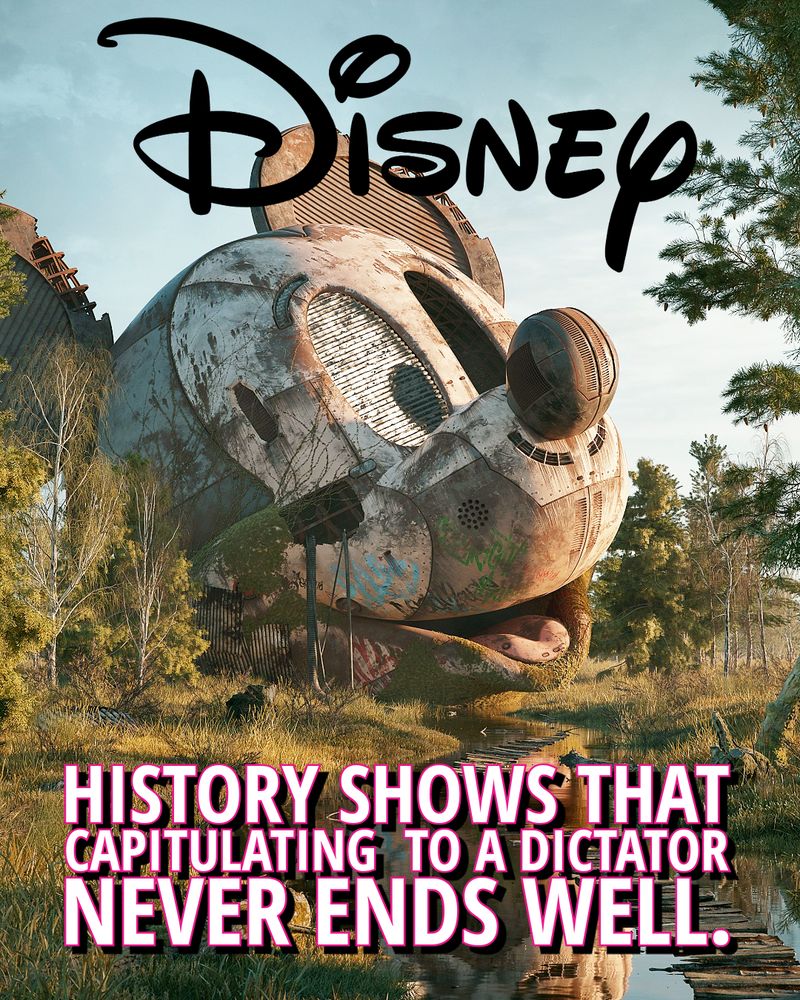 Overgrown Florida swamp with remains of giant Disney World Mickey Mouse head.  Caption:  Disney, history shows that capitulating to a dictator never ends well.