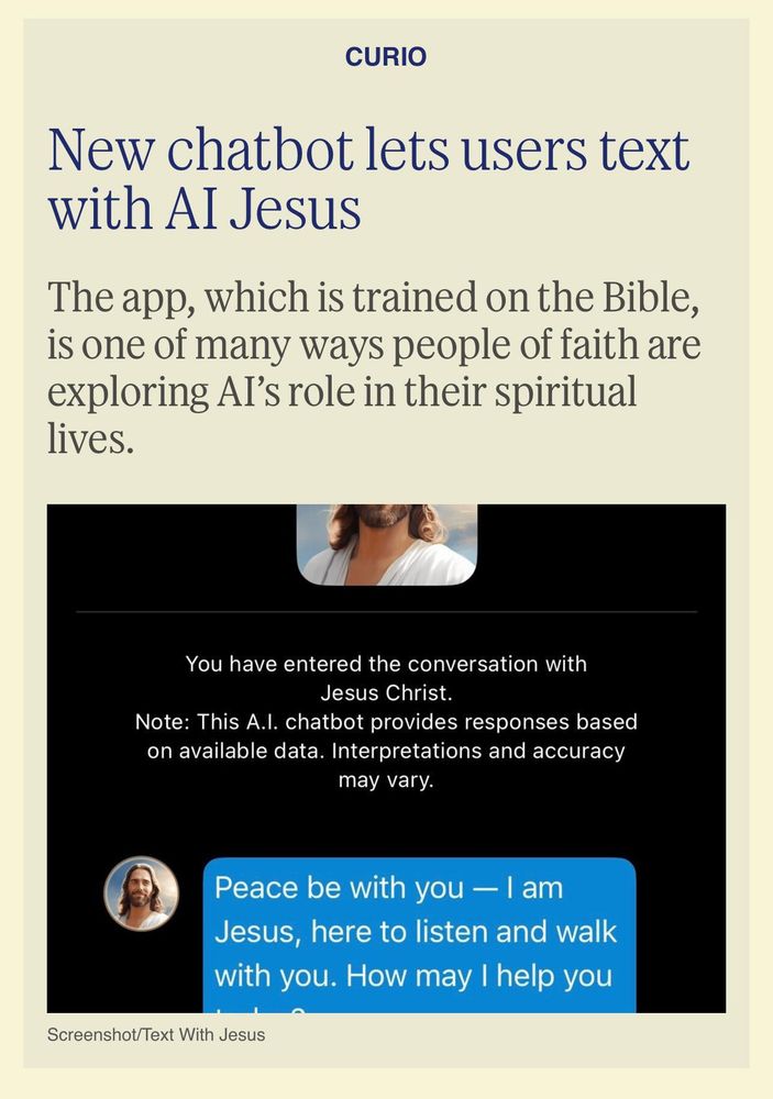 Headline: new chatbot lets users text with AI Jesus. 