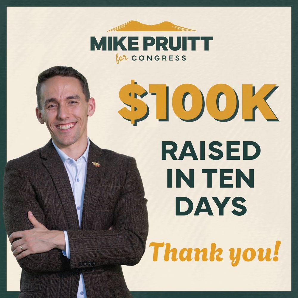Graphic with beige background, headshot of Mike in a suit, and logo. Graphic text reads "$100k raised in 10 days. Thank you!"