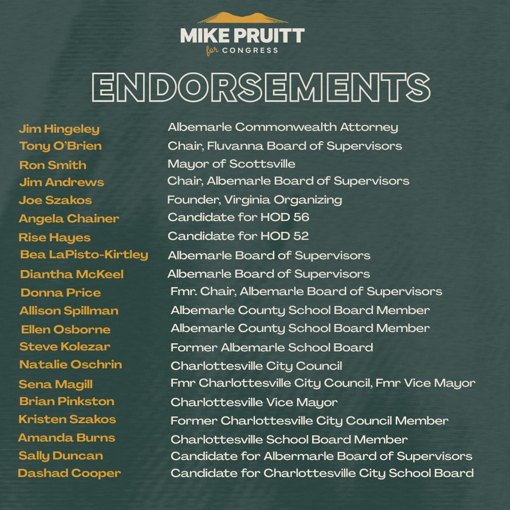 Mike Pruitt for Congress Endorsements:
Albemarle Commonwealth Attorney Jim Hingley
Fluvanna County Board of Supervisors Chair Tony O’Brien
Mayor of Scottsville Ron Smith
Albemarle County Board of Supervisors Chair Jim Andrews
Virginia Organizing Founder Joe Szakos
Candidate for House of Delegates District 56 Angela Chainer
Candidate for House of Delegates District 52 Risë Hayes
Albemarle Board of Supervisors Member Bea LaPisto-Kirtley
Albemarle Board of Supervisors Member Diantha McKeel
Former Albemarle Board of Supervisors Chair Donna Price
Albemarle County School Board Member Allison Spillman
Albemarle County School Board Member Ellen Osborne
Former Albemarle County School Board Member Steve Kolezar
Charlottesville Vice Mayor Brian Pinkston
Charlottesville City Council Member Natalie Oschrin
Former Charlottesville Vice Mayor Sena Magill
Charlottesville Vice Mayor Brian Pinkston
Former Charlottesville City Council Member Kristen Szakos
Charlottesville School Board Member Amanda Burns
Candidate for Charlottesville Board of Supervisors Sally Duncan
Candidate for Charlottesville School Board Dashad Cooper