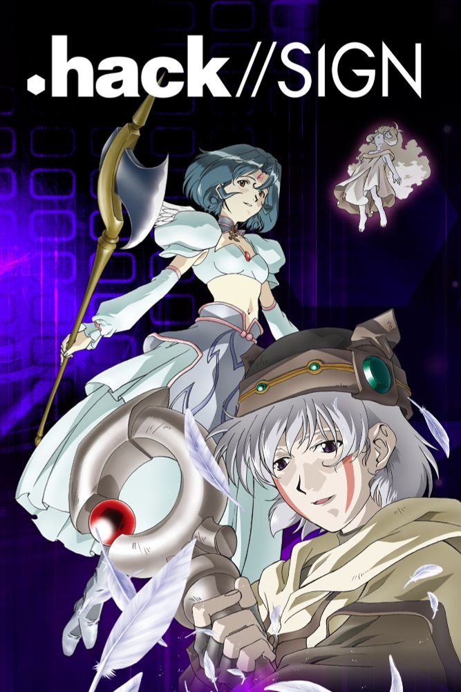DVD box art for the anime .hack//SIGN. The background is a blue, purple, and black mixed shapes/digital background. Tsukasa is in the bottom right of the art, smiling sadly and gripping their staff as feathers float up softly. Subaru, a female heavy axeman floats gently in the mid-frame, looking down and out towards the viewer. In the upper right corner, the mysterious girl Aura floats asleep. 